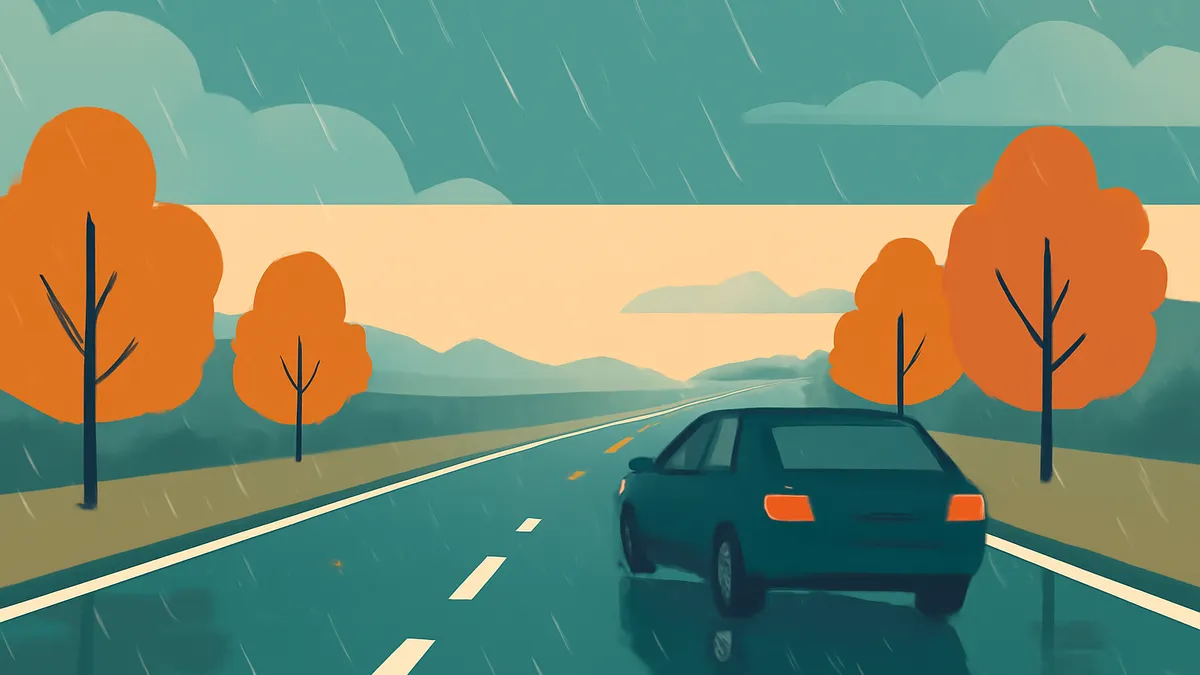 A dark teal car drives on a wet highway under a rainy sky with orange trees on the side