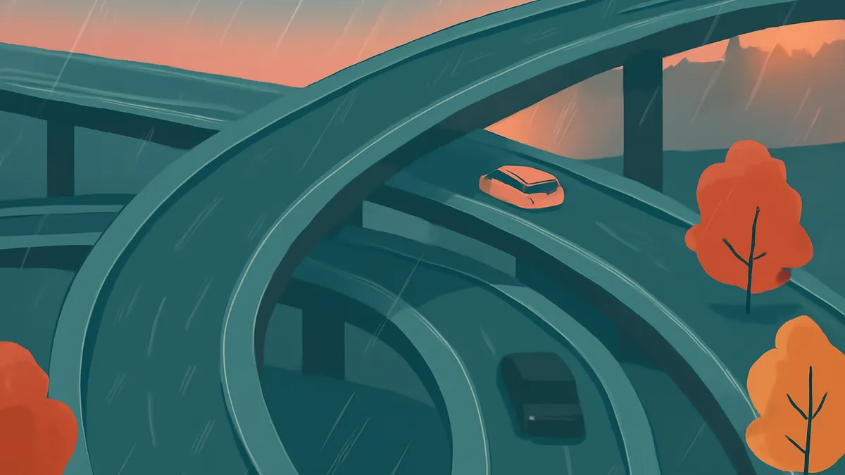 An orange car and a dark car on a multi-level highway interchange with orange trees and a sunset sky