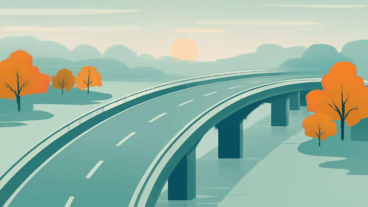 A highway overpass curves over a body of water, with orange trees on the banks and a sunset in the distance