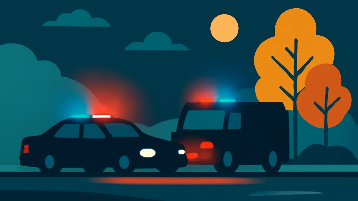 Two police vehicles with flashing lights on a dark road at night, with trees and a moon in the background