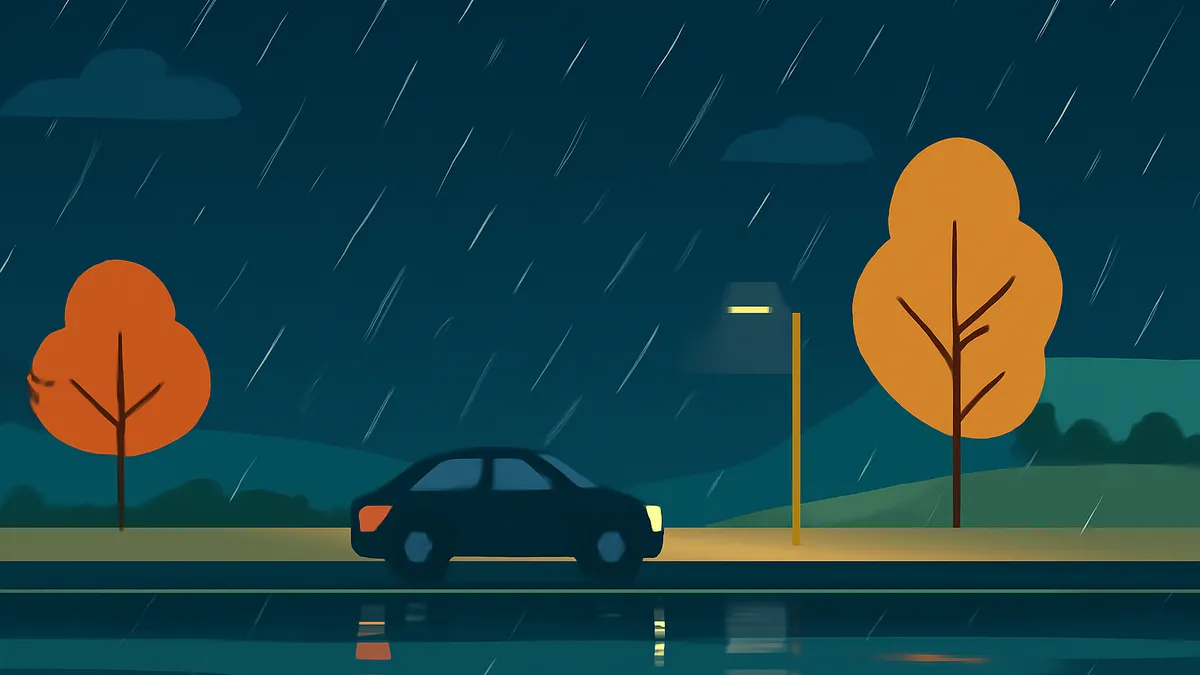 A dark sedan drives on a wet road at night, illuminated by a street lamp, with two orange trees and hills in the background