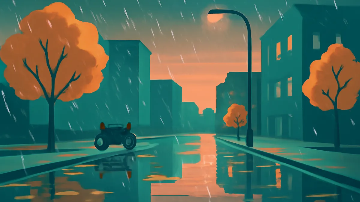 A rainy city street at dusk with teal buildings and orange trees, reflecting in the wet pavement