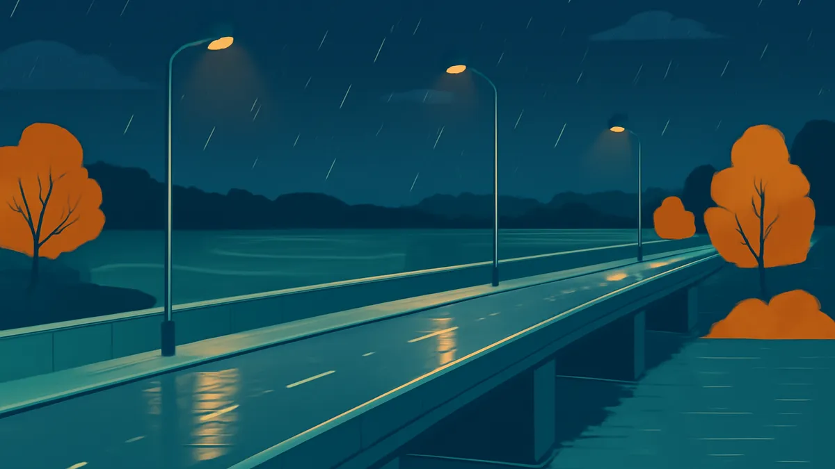 A highway bridge over water at night in the rain, with streetlights illuminating the wet road and orange trees on the sides