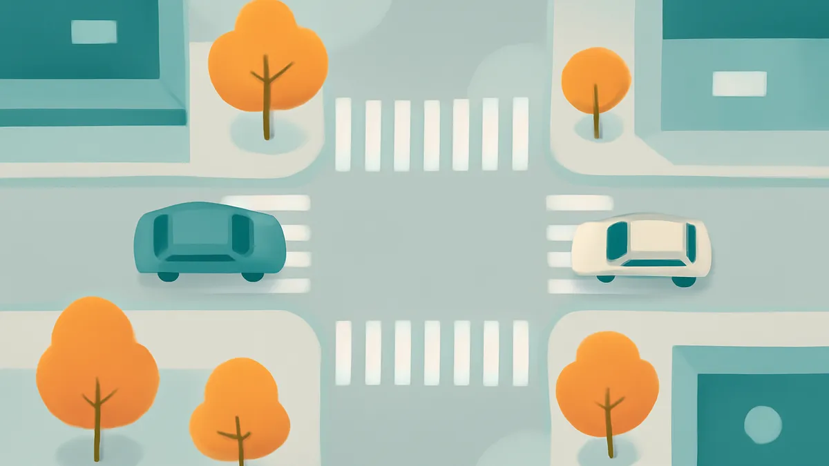 An overhead view of a teal car and a white car at a crosswalk intersection with orange trees and buildings