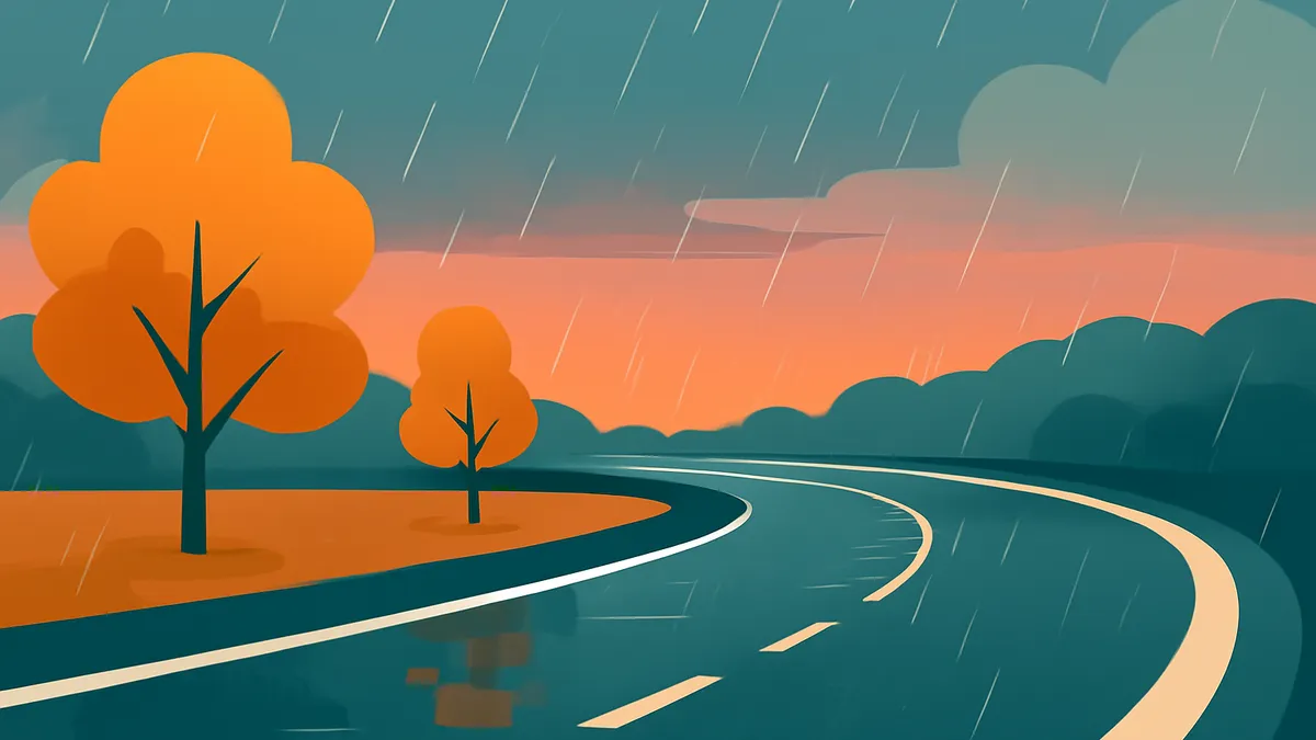 A winding road with orange trees on the side, under a rainy sky with an orange sunset