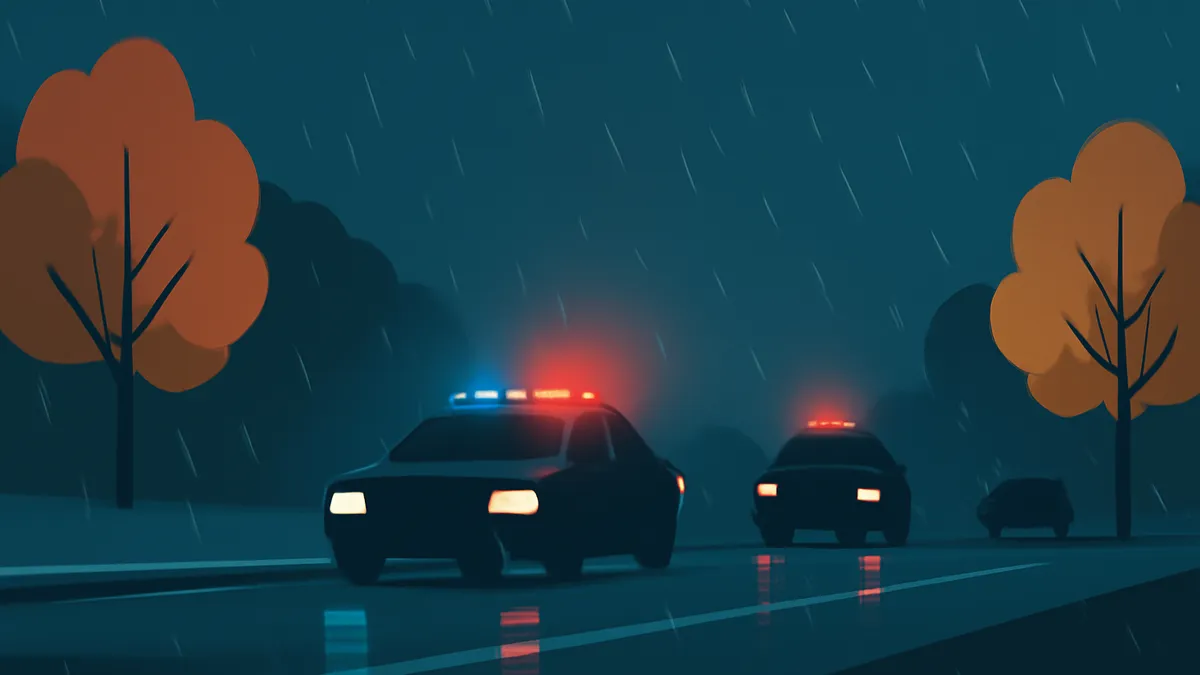Three police cars with flashing lights on a wet road at night in the rain, with two trees on the side