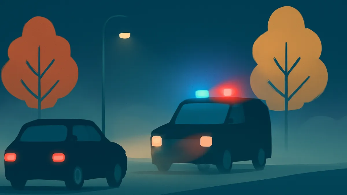 A dark blue police van with flashing lights and a dark blue car on a road at night with two orange trees