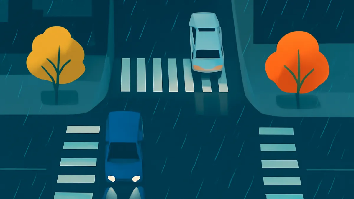 Two cars at a rainy intersection with crosswalks and two trees, viewed from above