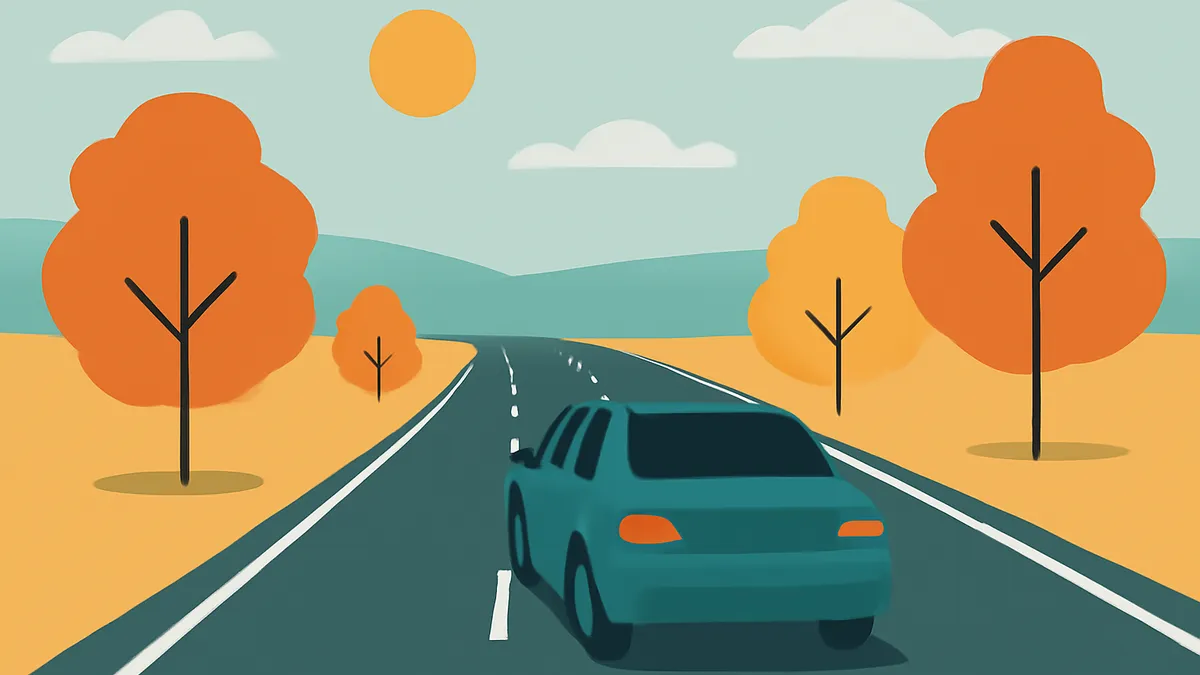 A teal car drives on a road through a landscape with orange trees and a yellow sun in a blue sky