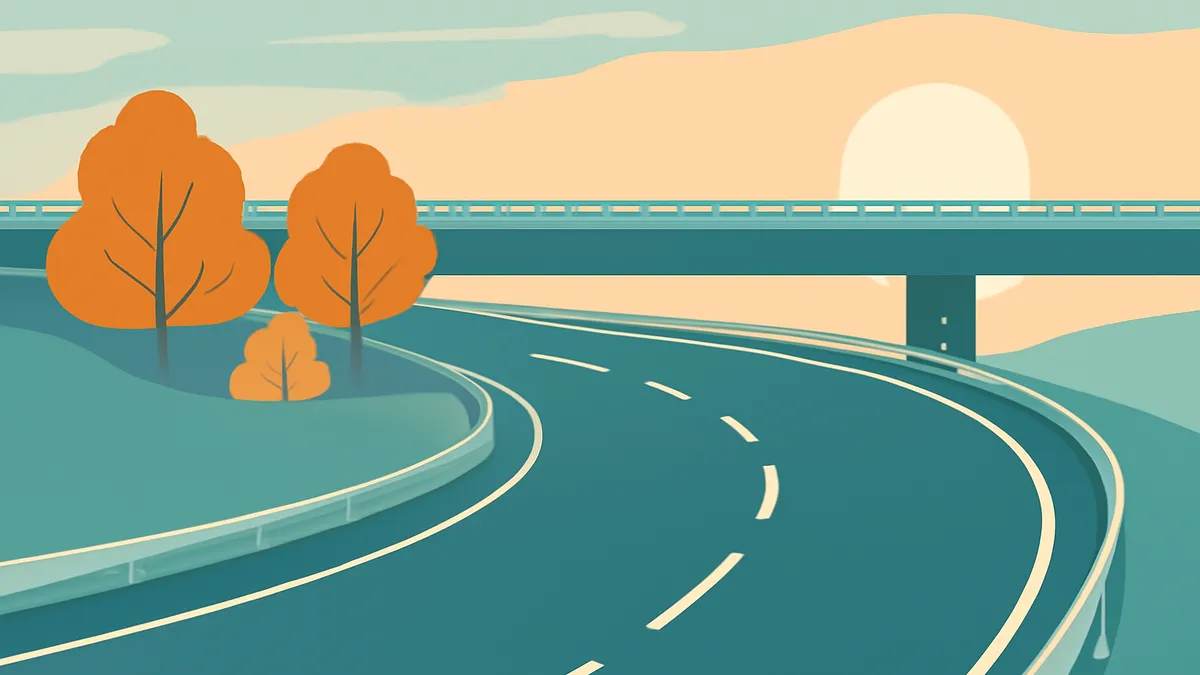 A highway interchange with an overpass and trees under a sunset sky in a flat, stylized art style