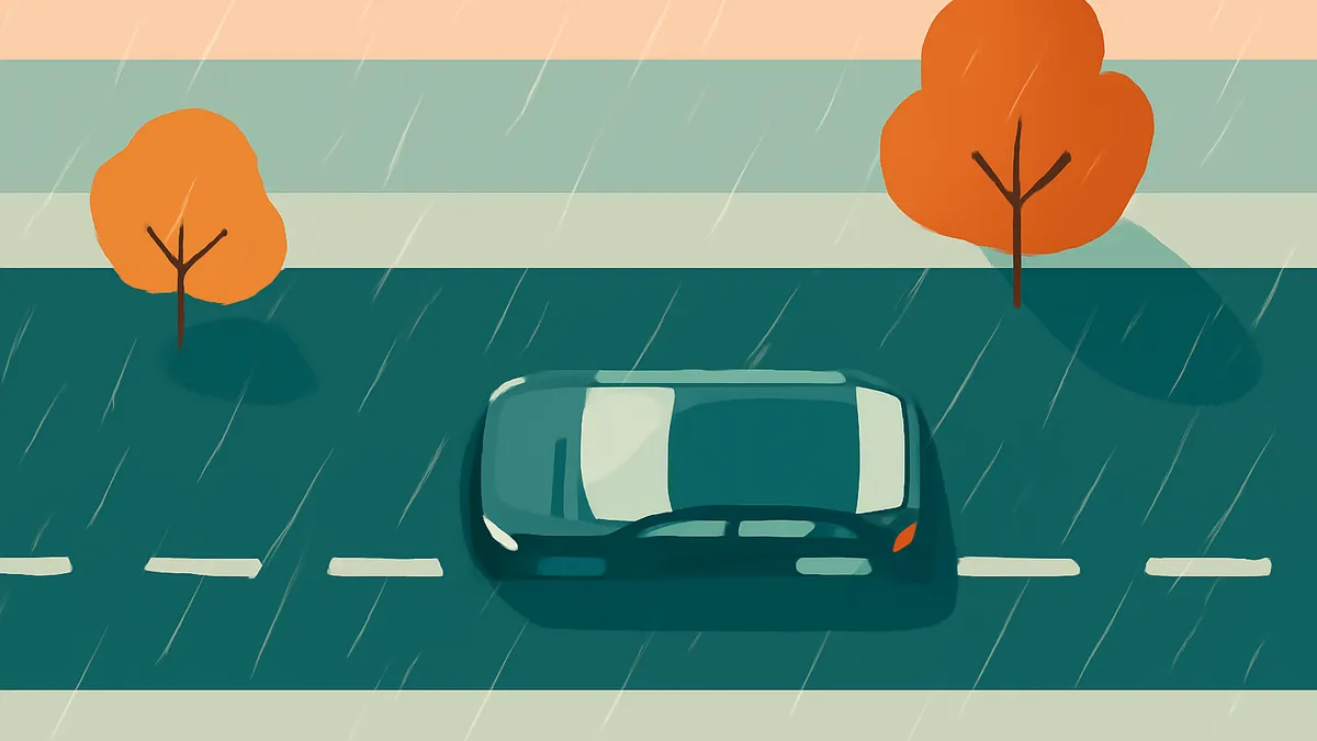 An overhead view of a dark car driving on a wet road with two trees on the side, in a flat illustration style