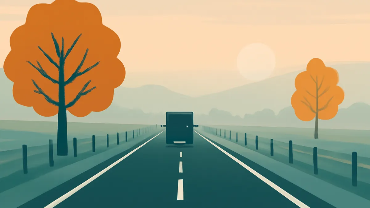 A dark vehicle on a two-lane road with orange trees and a pale sun in a hazy landscape