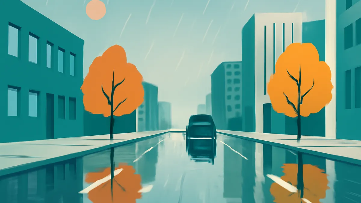 A car drives down a wet city street lined with buildings and trees under a rainy sky with a pale sun
