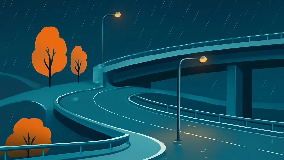 A winding highway interchange with an overpass, streetlights, and orange trees in the rain at night