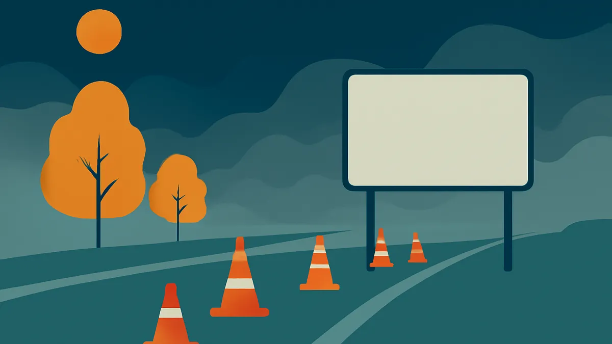 A highway scene with orange traffic cones, a blank white billboard, and orange trees under an orange sun in a dark teal