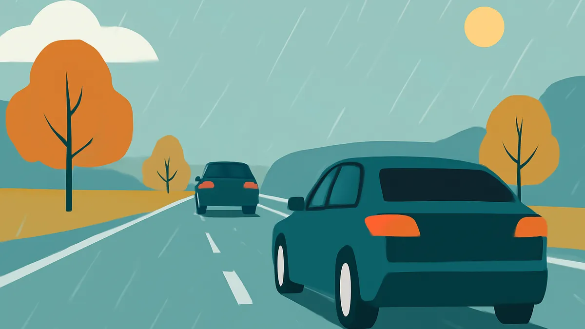 Two cars driving on a wet road with trees and hills in the background under a cloudy sky with rain
