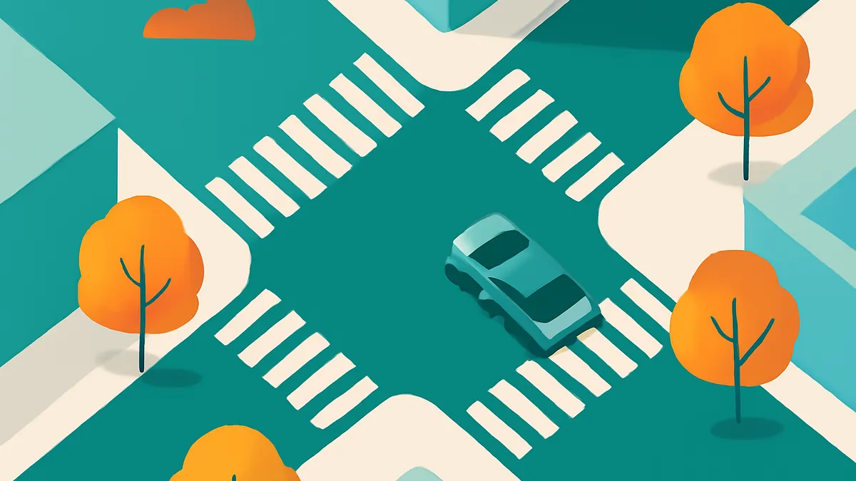 An overhead view of a teal intersection with white crosswalks, a teal car, and orange trees