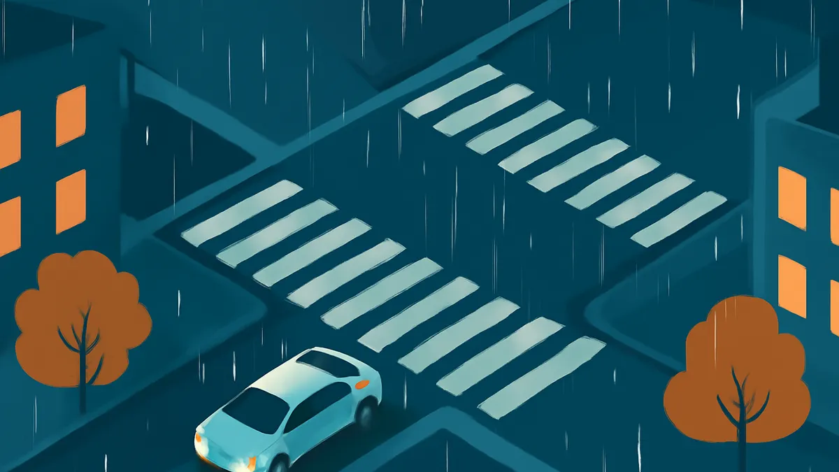 A light blue car with headlights on at a crosswalk on a rainy night in a city with buildings and trees