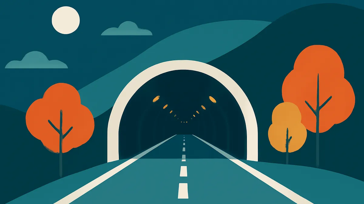 A highway leading into a tunnel at night, with orange trees and a white moon in a teal landscape