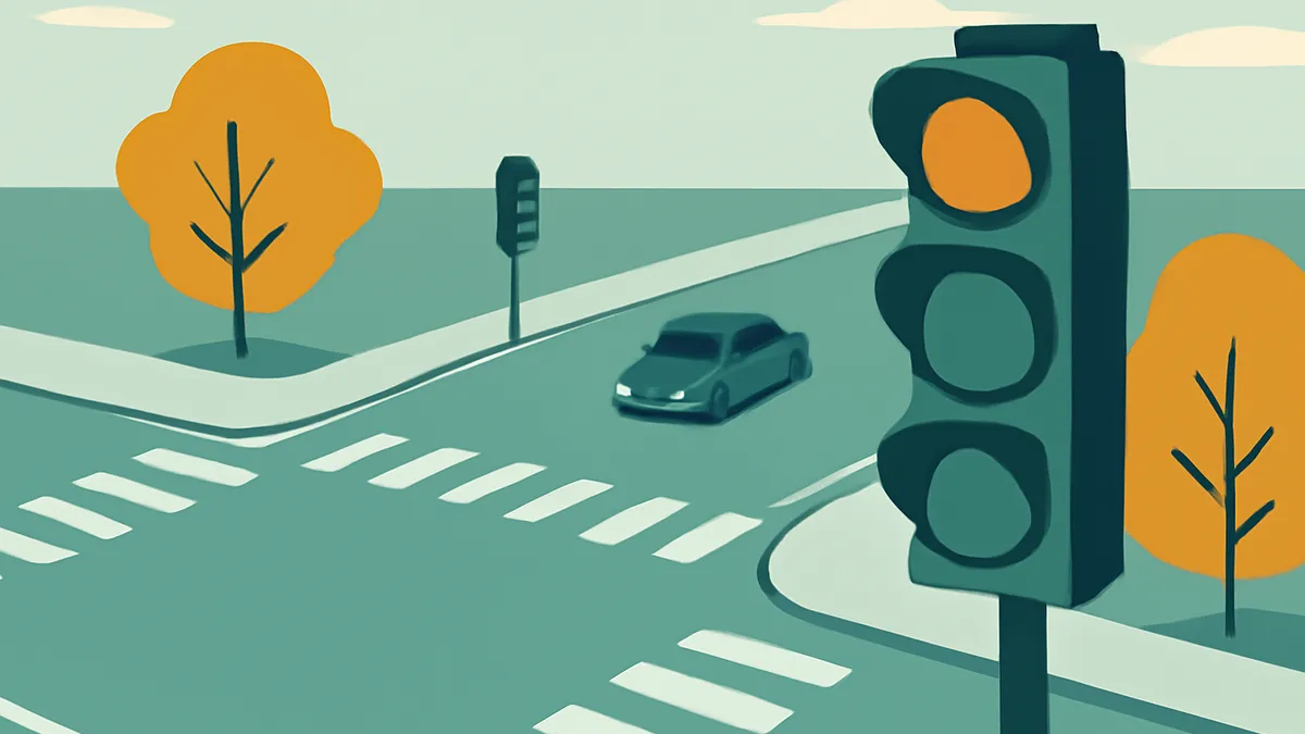 A teal car drives on a teal road with white crosswalk stripes, past a traffic light showing yellow, and orange trees