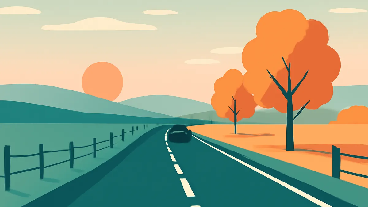 A car on a winding road through a landscape with hills and trees under a sunset sky in teal and orange tones