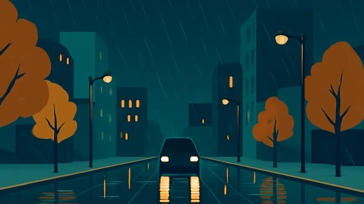 A car drives on a wet road at night, with buildings and trees on either side, under streetlights