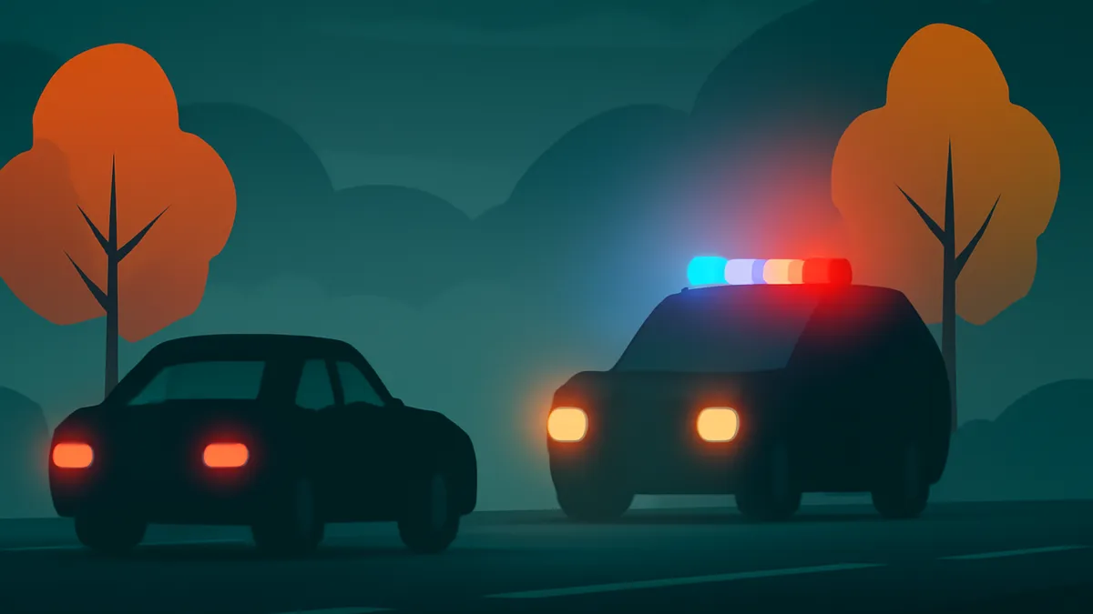 A dark sedan and a police car with flashing lights on a road at night, with orange trees in the background