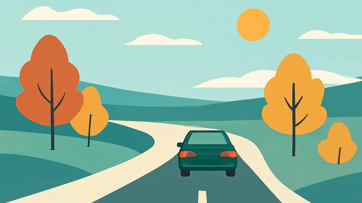 A green car drives away on a winding road through a landscape with orange trees and a yellow sun in a blue sky