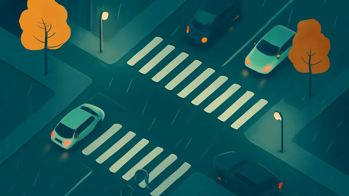 An overhead view of a city intersection at night with four cars, two streetlights, and two trees