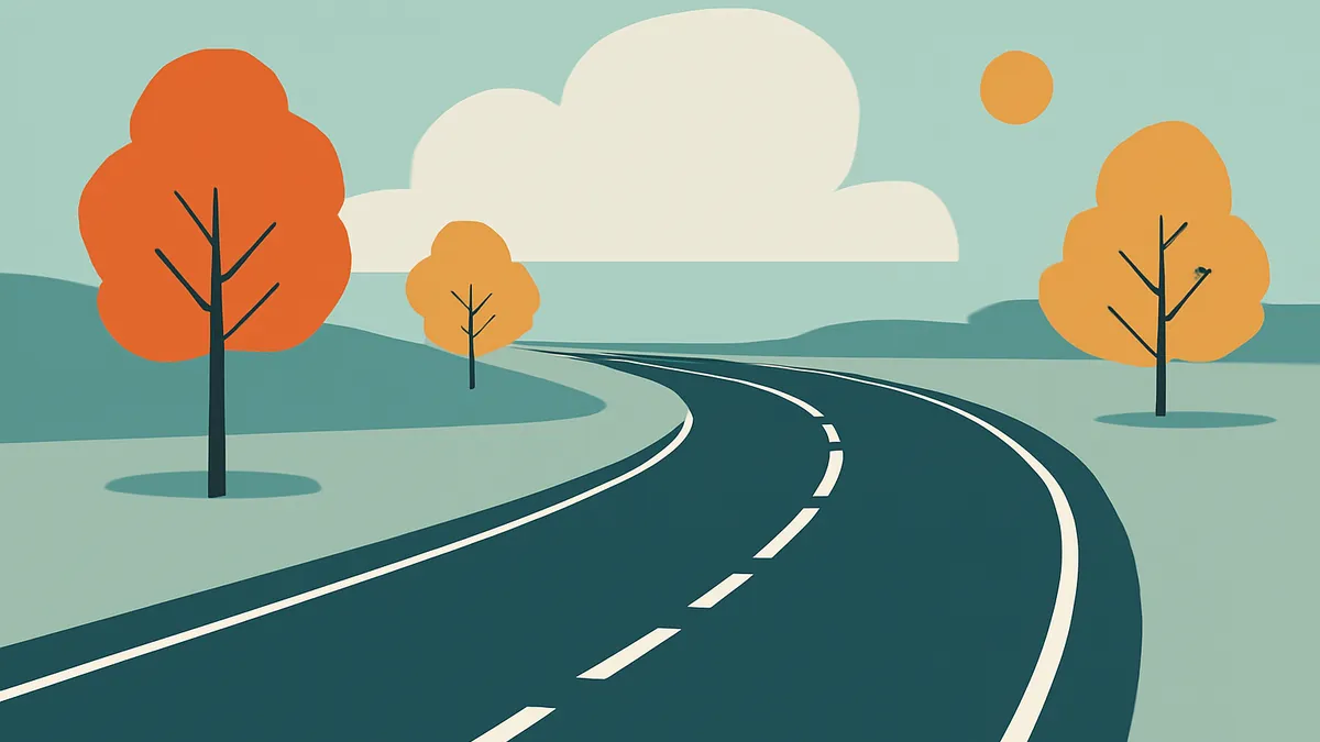 A winding road with white dashed lines, flanked by trees with orange foliage, under a sky with a cloud and sun