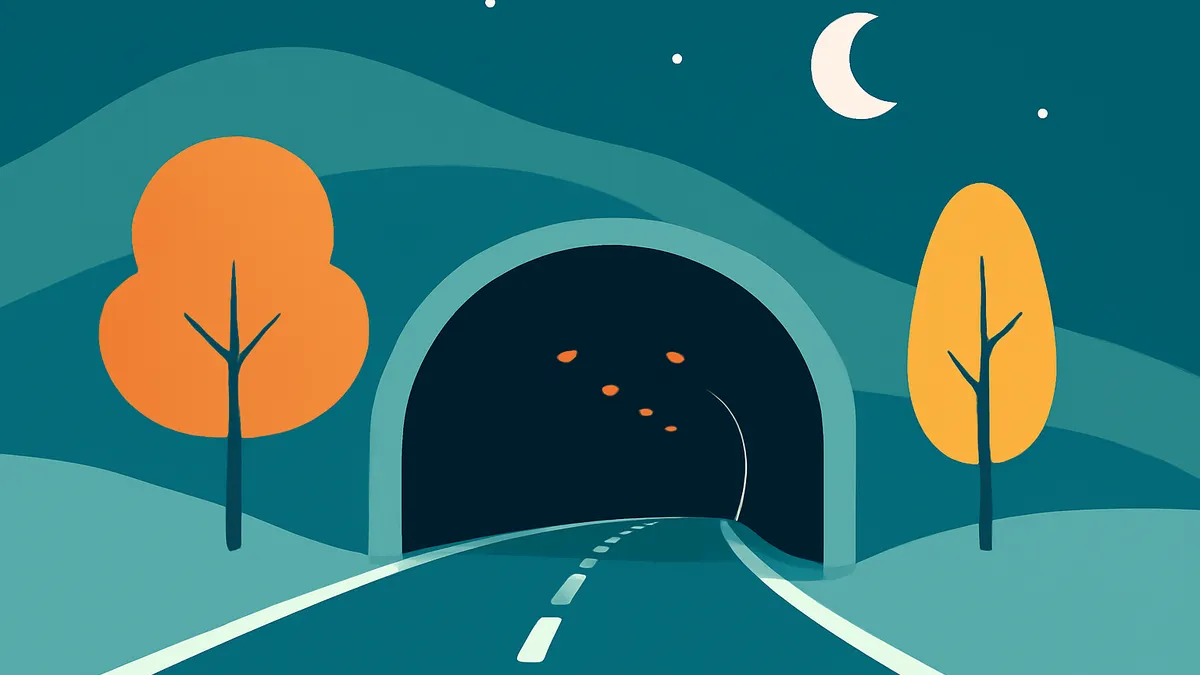 A road leading into a tunnel at night, flanked by two trees with orange foliage, under a crescent moon and stars