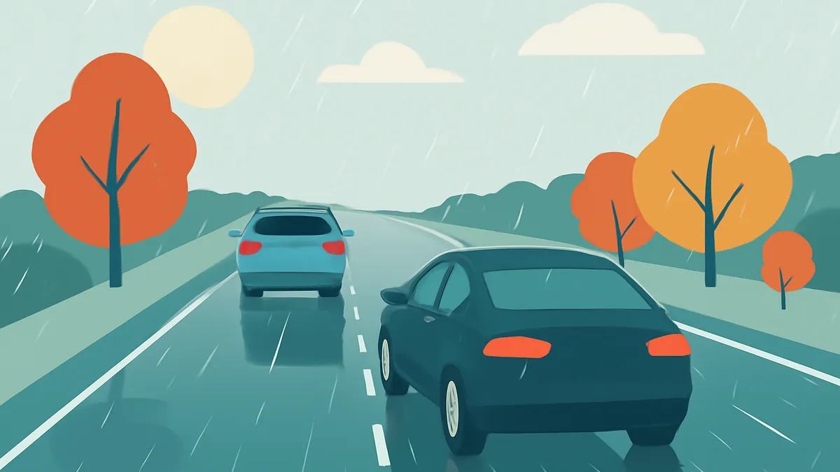 Two cars driving on a wet road with trees and a sun in the background, in a flat illustration style