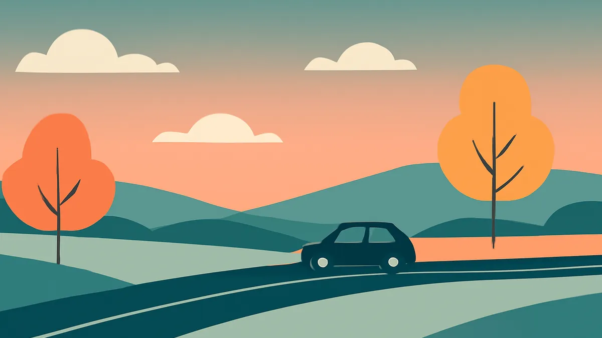 A dark car drives on a road through a landscape with orange trees and green hills under a peach and teal sky
