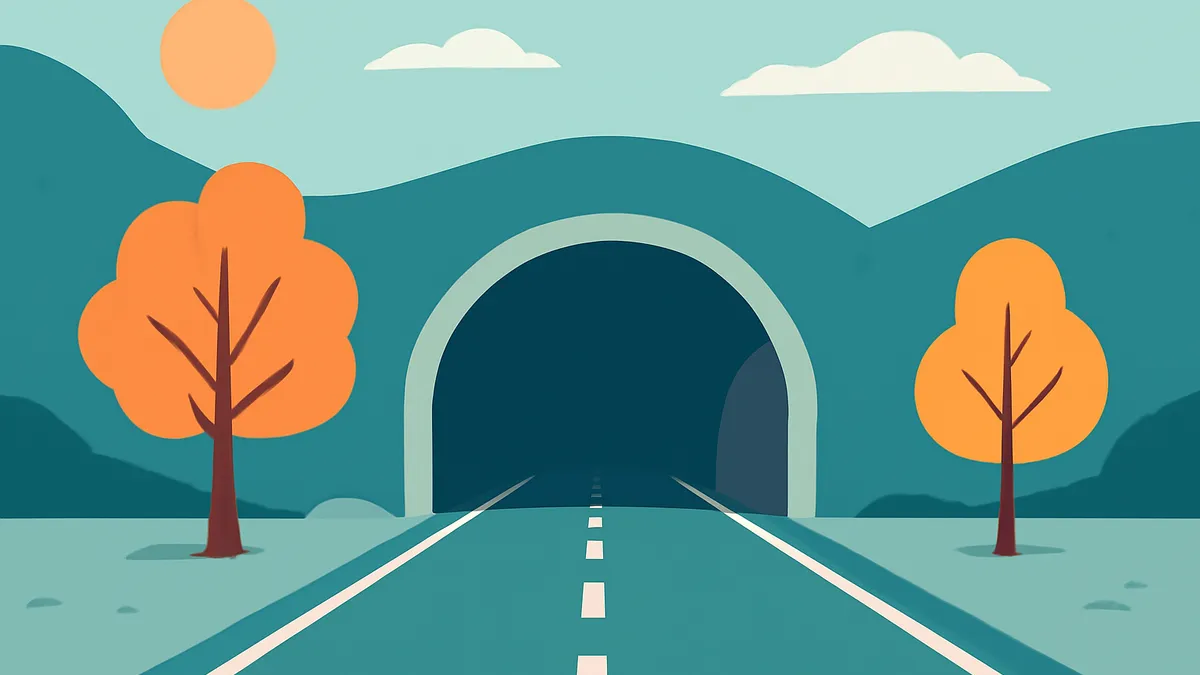 A road leading into a tunnel, flanked by two trees with orange foliage, under a sky with a sun and clouds