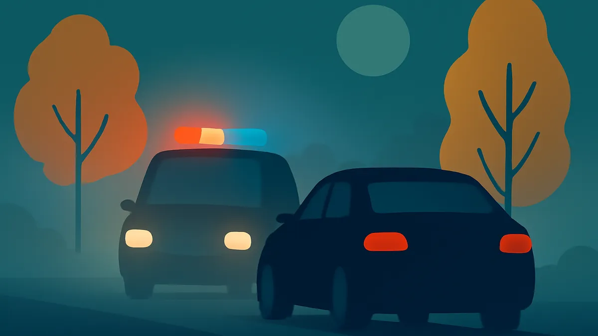 A police car with flashing lights behind a dark sedan on a road at night, with trees and a moon in the background