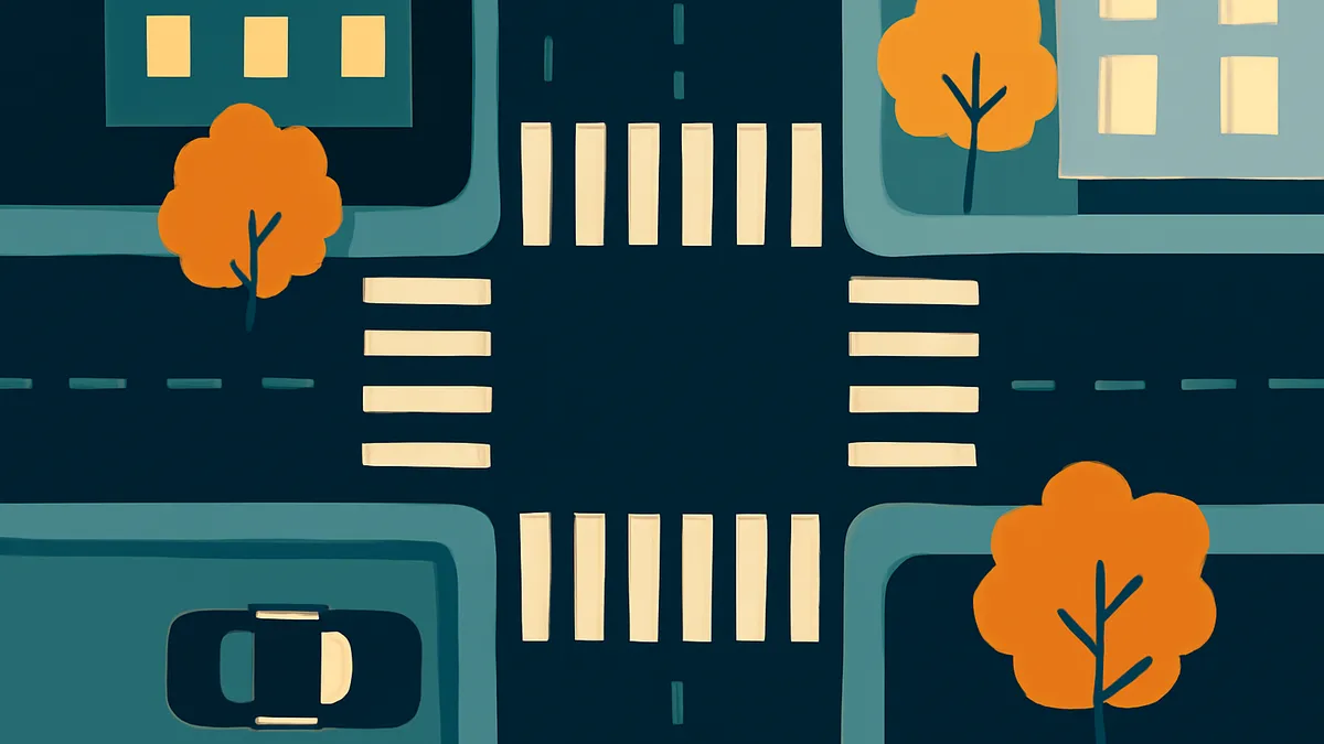 An overhead view of a city intersection with a single car, buildings, and trees in a dark blue and orange color scheme