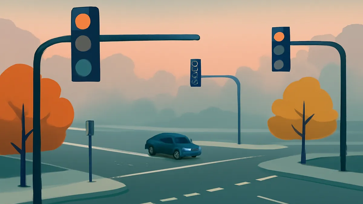 A blue car at an intersection with traffic lights and autumn trees under an orange and teal sky