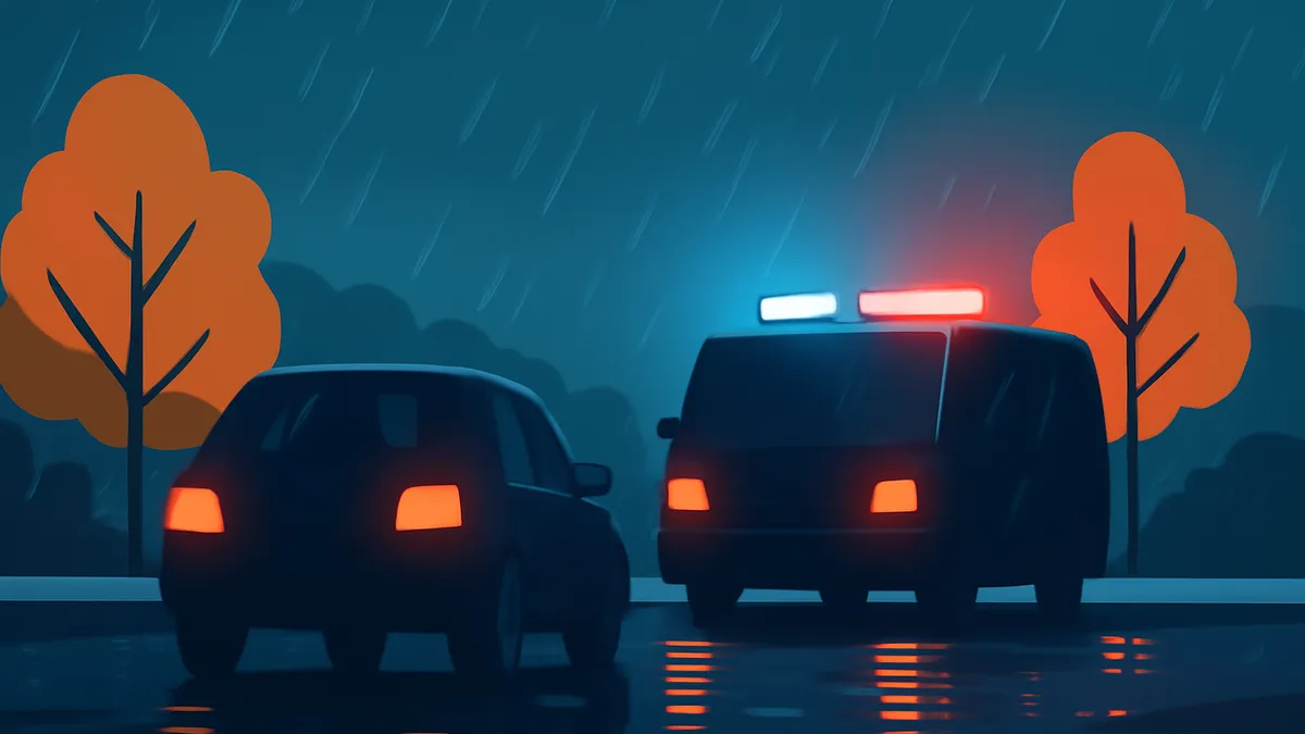 Two cars, one a police vehicle with flashing lights, on a wet road at night with trees in the background