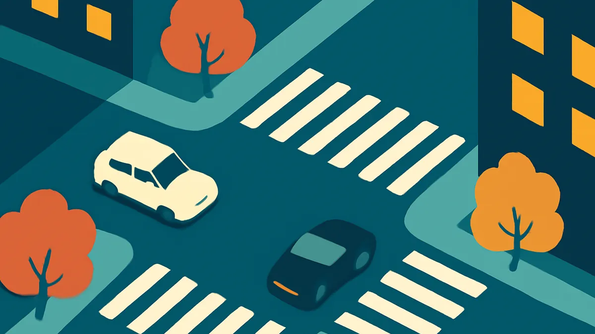 An overhead view of a city intersection with two cars, trees, and buildings in a flat, stylized art style