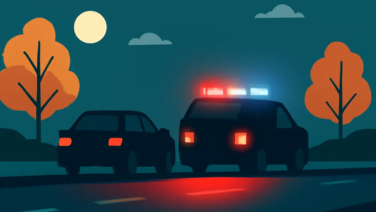 A dark sedan and a police car with flashing lights on a road at night, with trees and a moon in the background