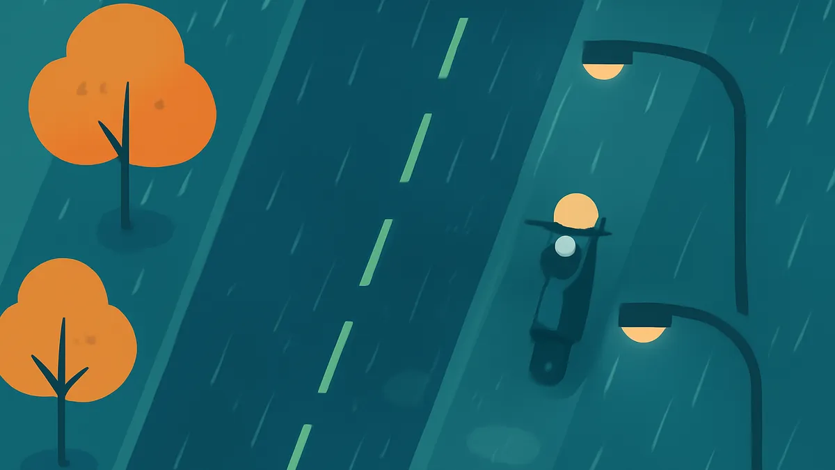 A scooter on a wet road at night under streetlights and trees in a flat, dark teal and orange style