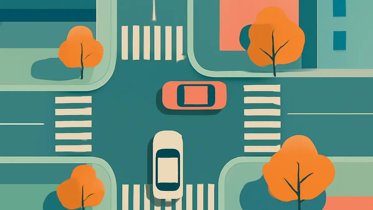 An overhead view of a city intersection with two cars, trees, and buildings in a flat, minimalist style