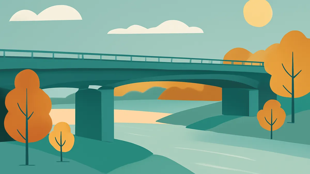 A teal bridge over a river with orange trees and hills under a light blue sky with white clouds and a yellow sun