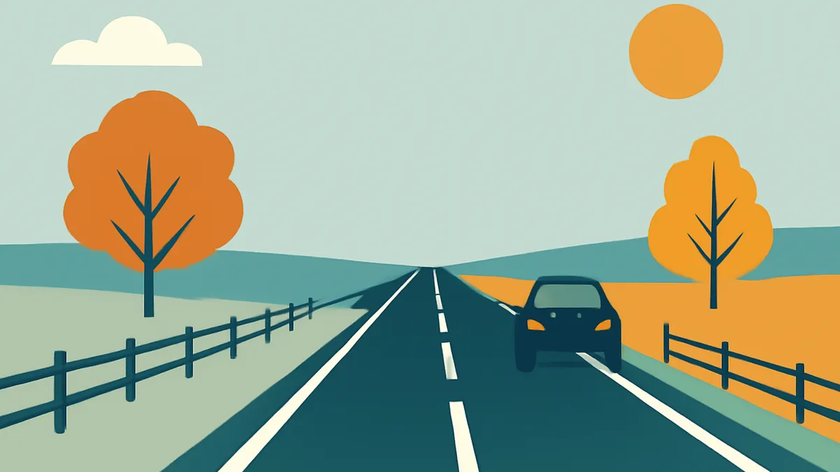 A car on a two-lane road with a fence on the left and trees on both sides under a sunny sky