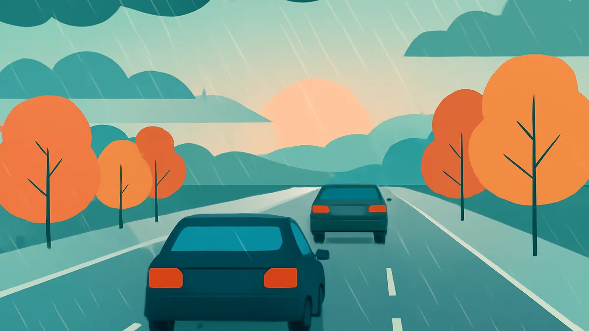 Two cars driving on a highway in the rain with orange trees and green hills under a cloudy sky