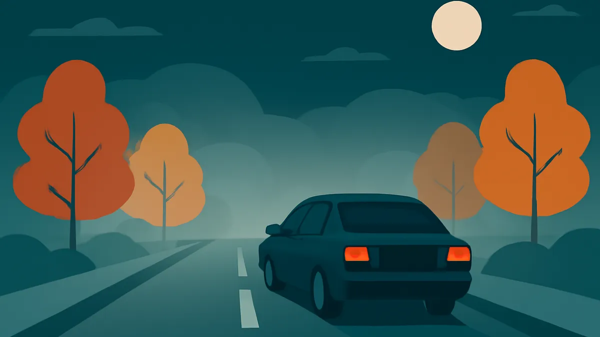 A dark blue sedan with illuminated taillights drives on a road at night, surrounded by orange trees and a full moon