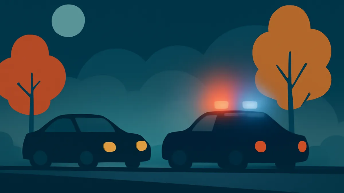 A dark blue police car with flashing red and blue lights and a dark blue sedan on a road at night