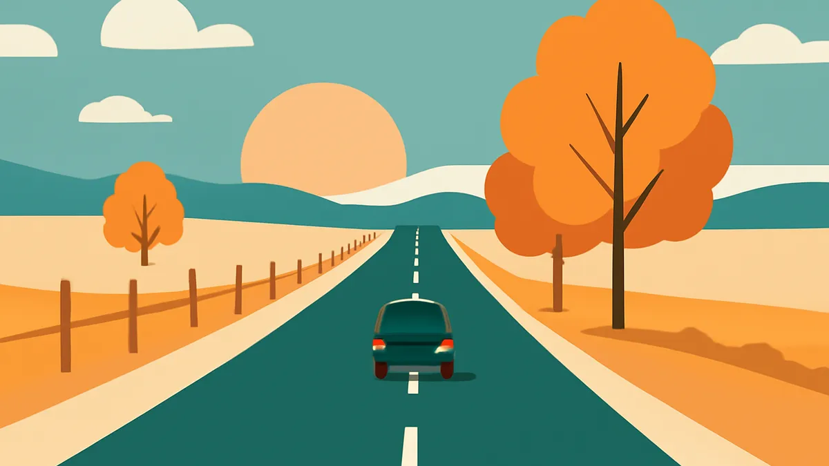 A car drives down a long road towards a large orange sun in a landscape with orange trees and blue sky