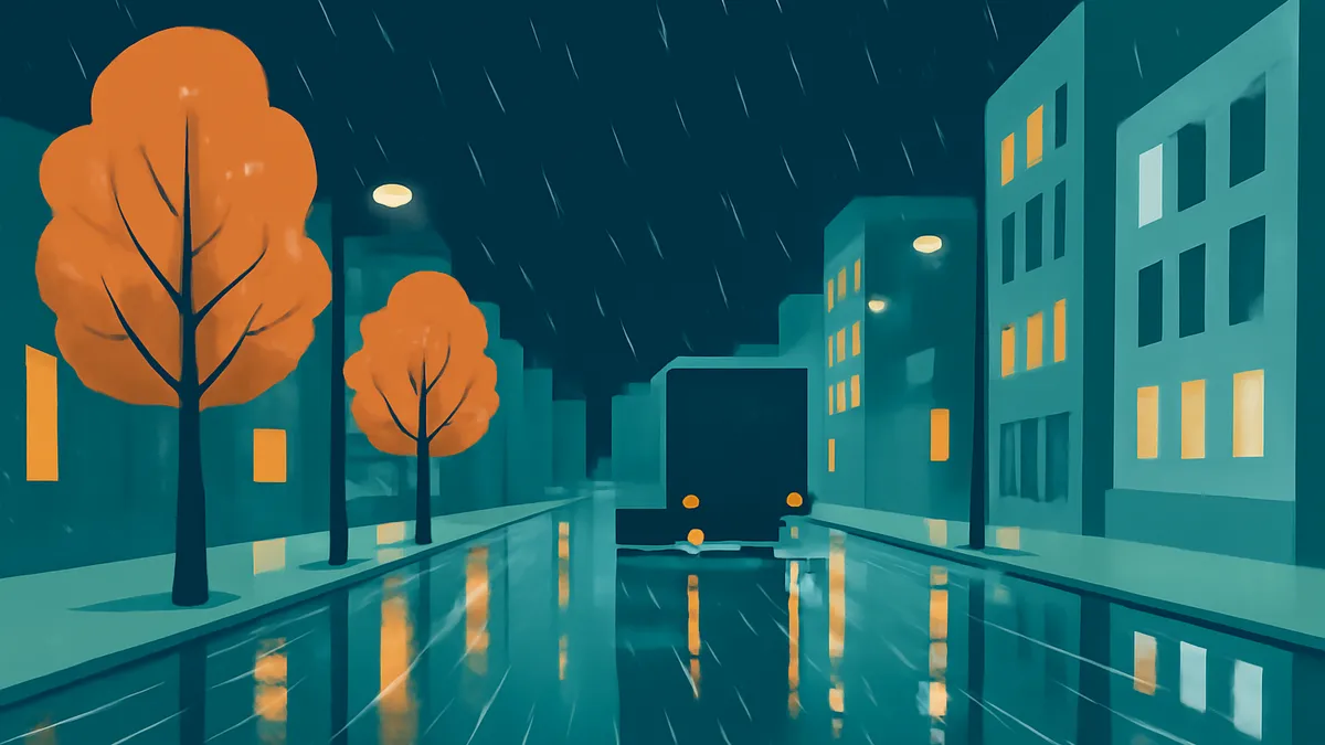 A rainy city street at night with teal buildings, orange trees, and a dark vehicle with glowing lights