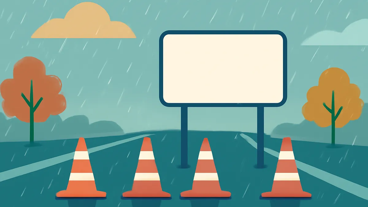 A rainy road scene with a large blank sign, four orange traffic cones, and two trees under a cloudy sky